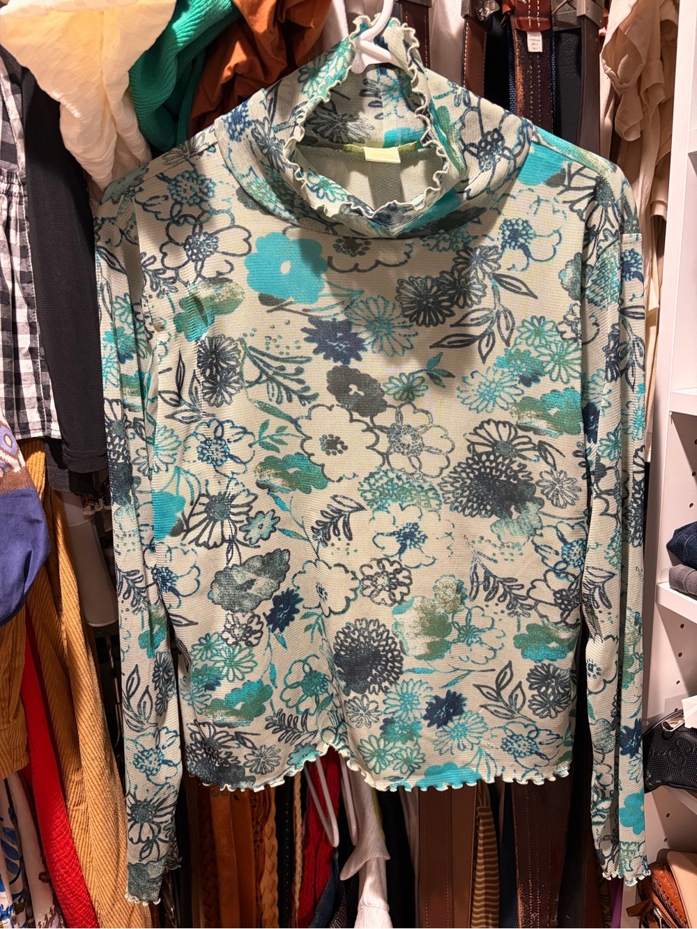 Sigrid Olsen Floral Mesh Mock Neck Top Lettuce Hem